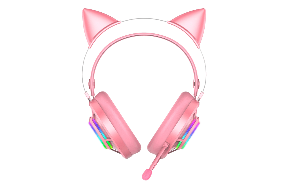 Гарнитура игровая проводная EH469 Pink (розовый), пара кошачьих ушек в комплекте, подсветка RGB, подключение USB, длина кабеля 2.4м